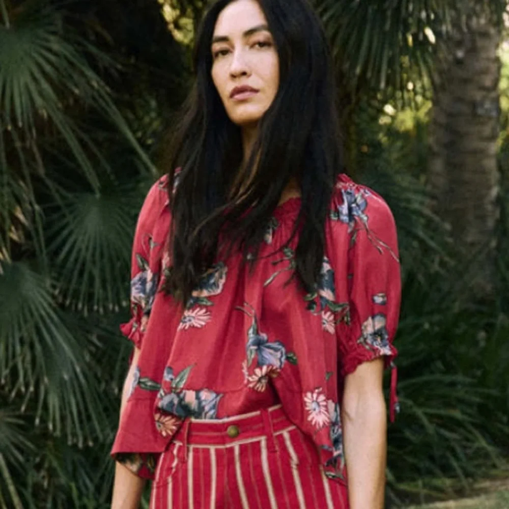 THE GREAT. Red Floral Puff-Sleeve silk Blouse - Picture 3 of 10